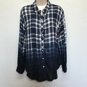 White Crow Flannel Shirt Womens M Blue Black Plaid Dip Dye Long Sleeve Button Up